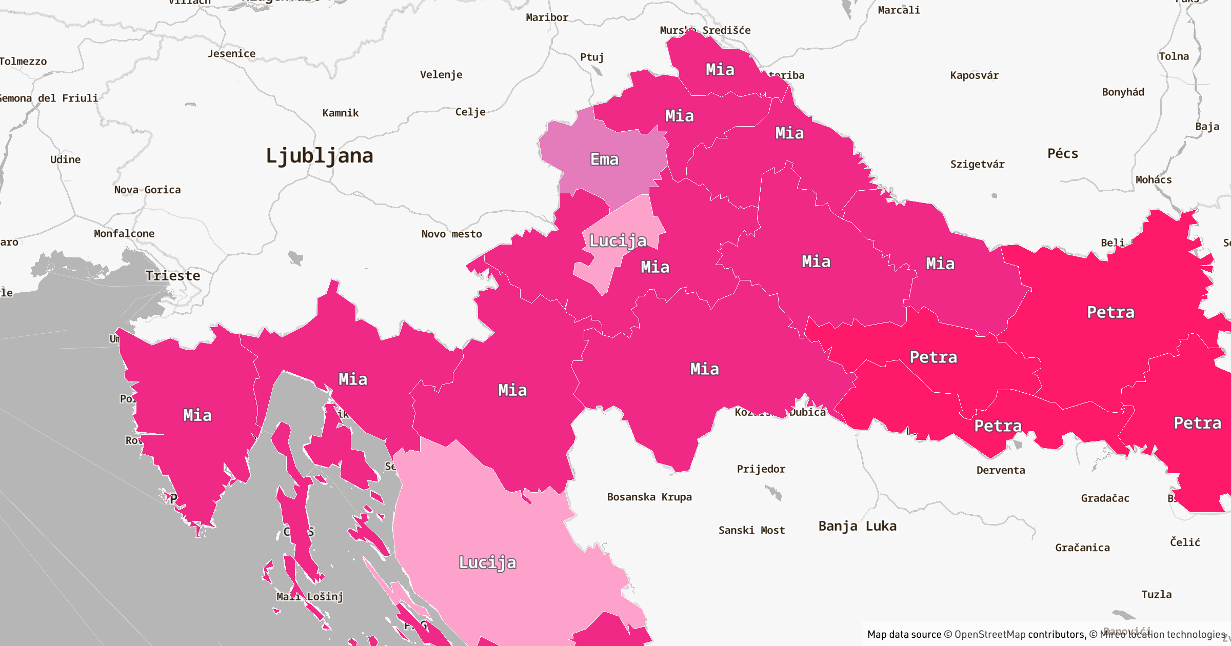 Croatian most common names by age and gender - the frequency of names by age and gender in Croatian counties